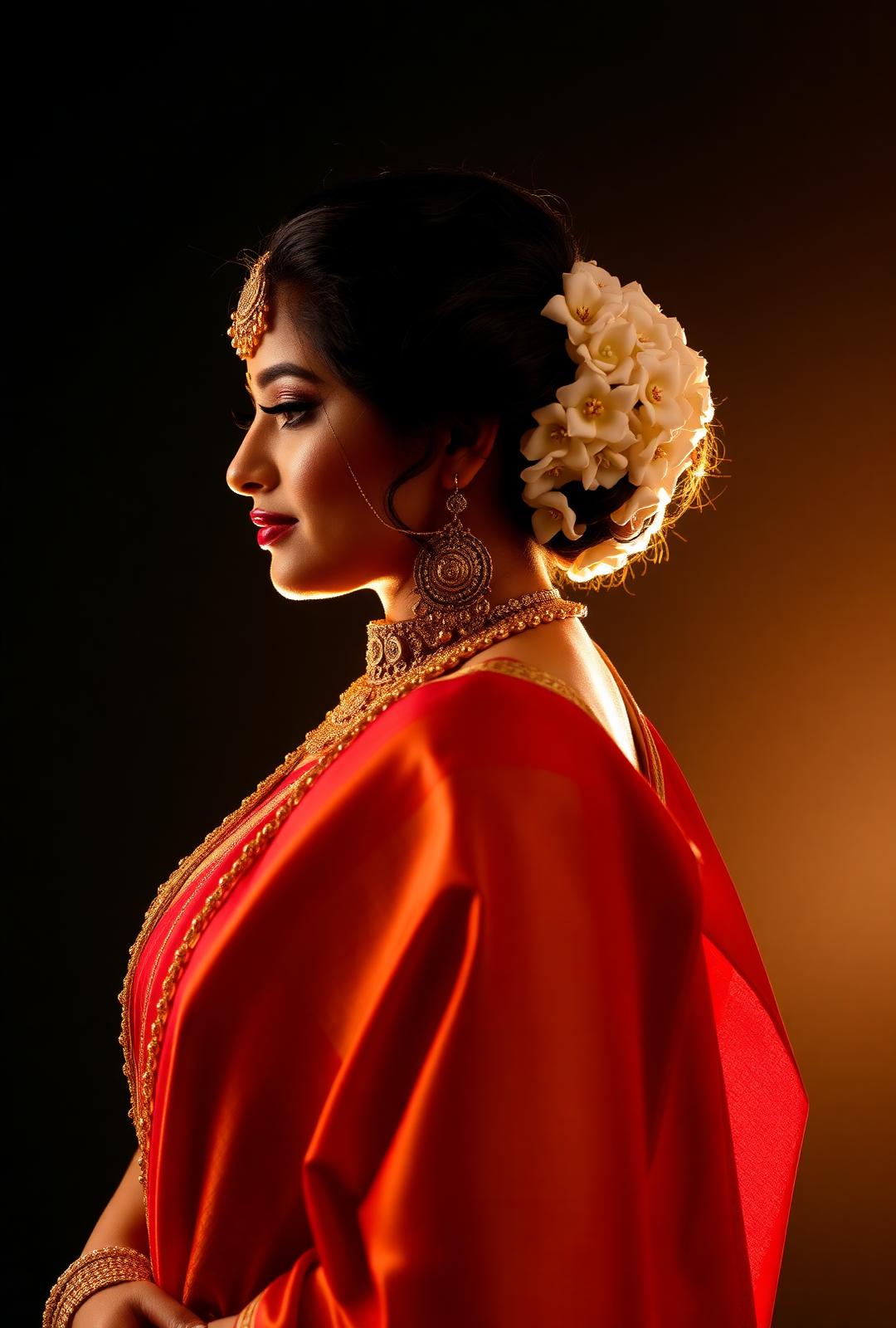 Bridal hair styling with jasmine and gold ornaments