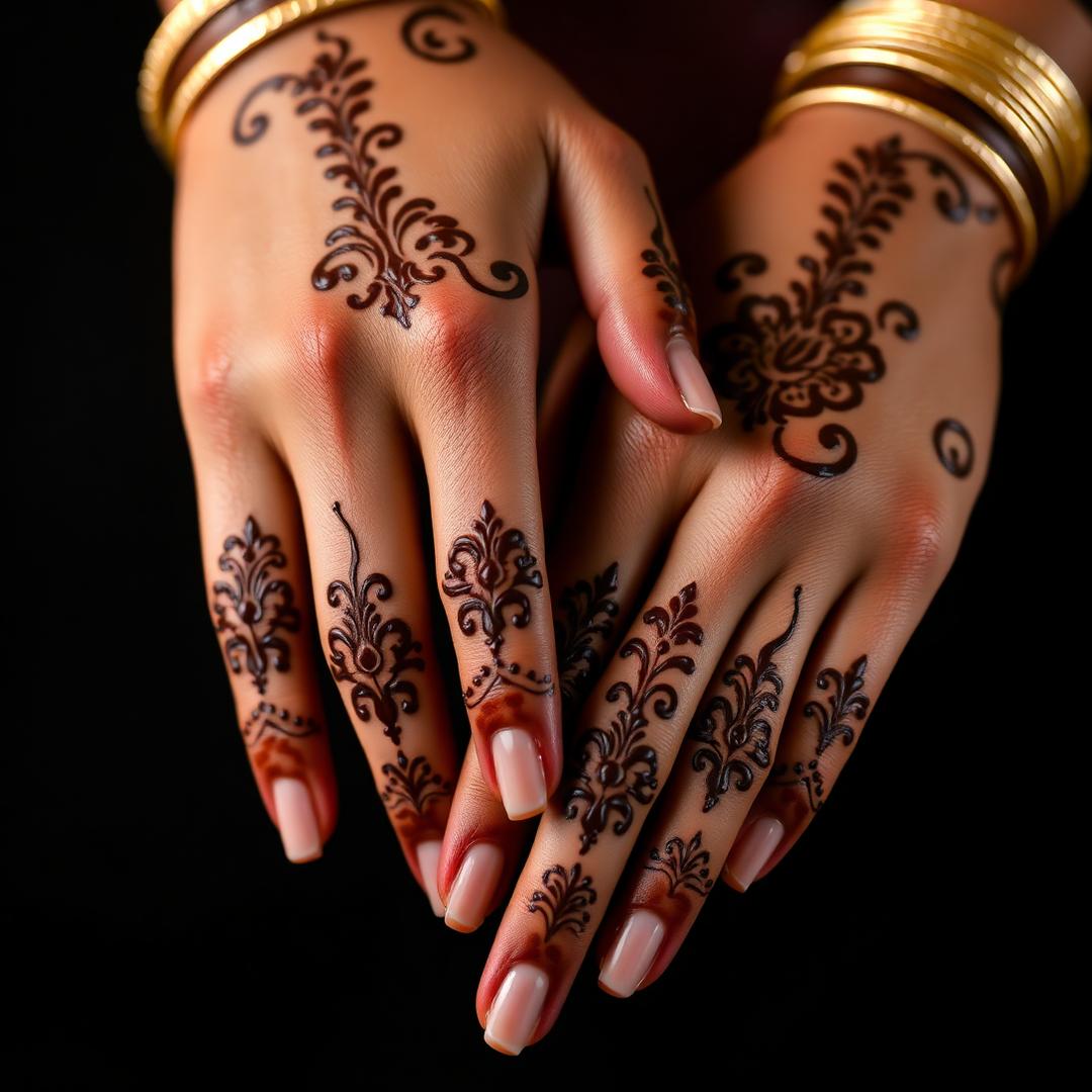 Intricate mehndi design on hands with gold bangles