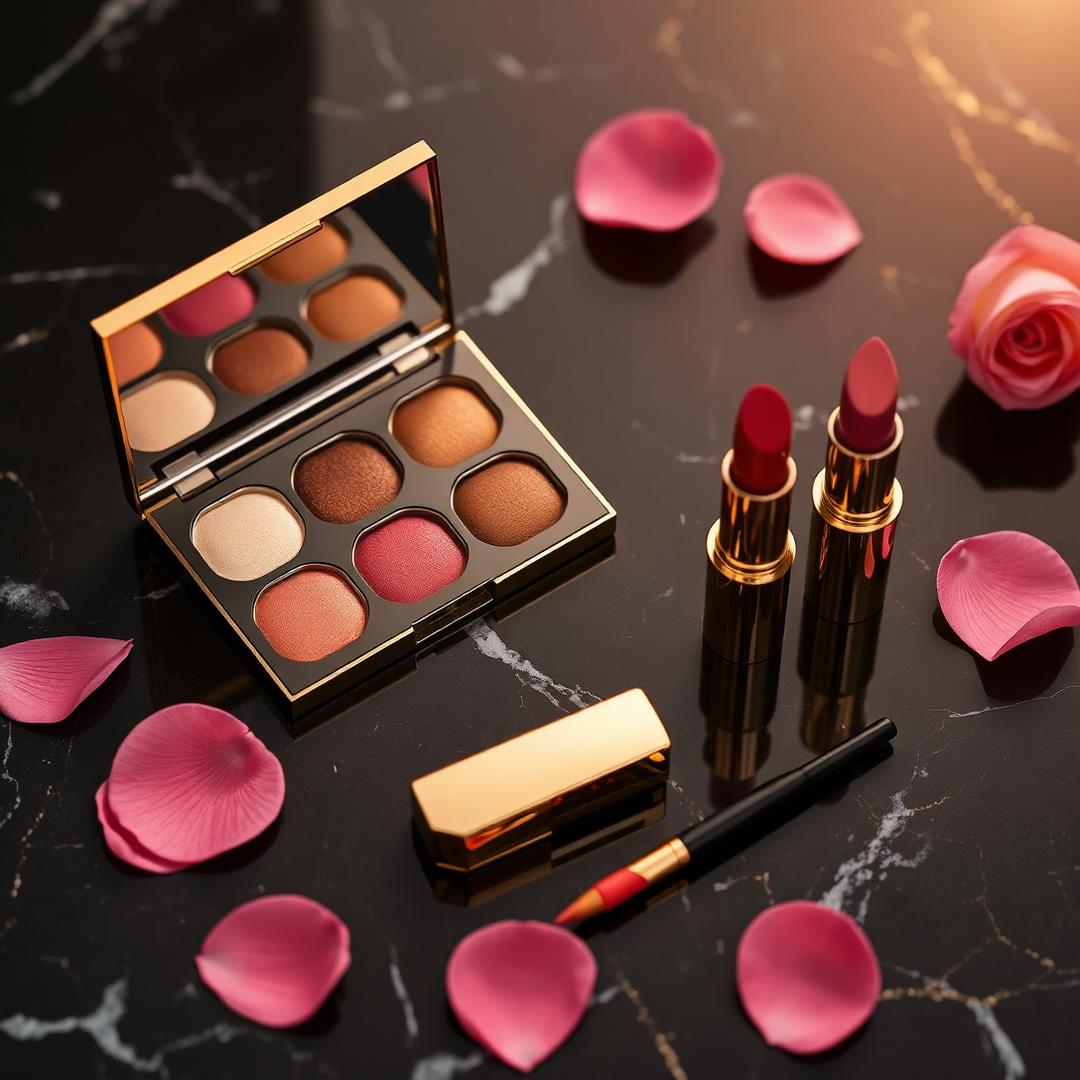 Luxury makeup palette and lipsticks on black marble